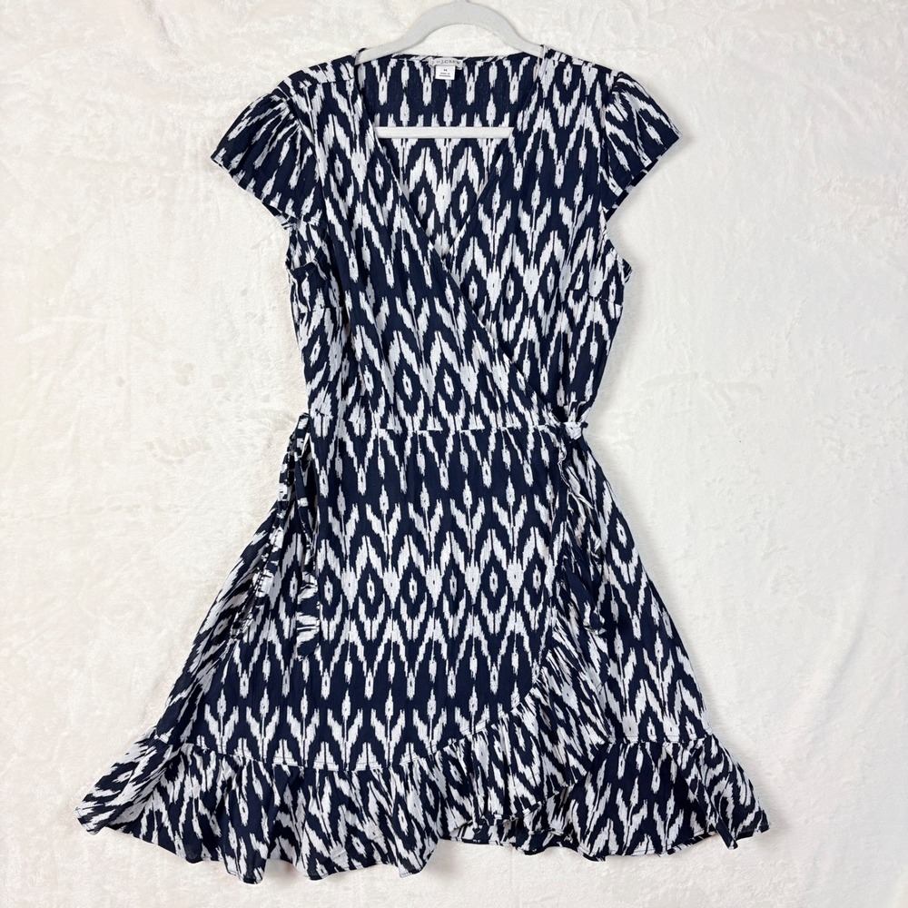 J. Crew Navy White Ikat Cotton Wrap Dress Ruffle Hem Mini Size Medium‎
